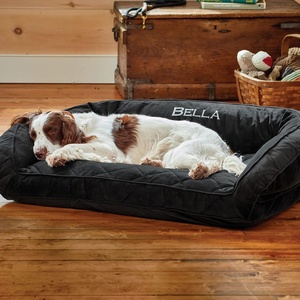 image:imageOrvis ComfortFillEco Couch Dog Bed  Plush ThreeSided Bolster with ComfortFillEco Cushion Quilted Cover ZipOff amp Machine Washable Heathered Khaki  MediumSlate
